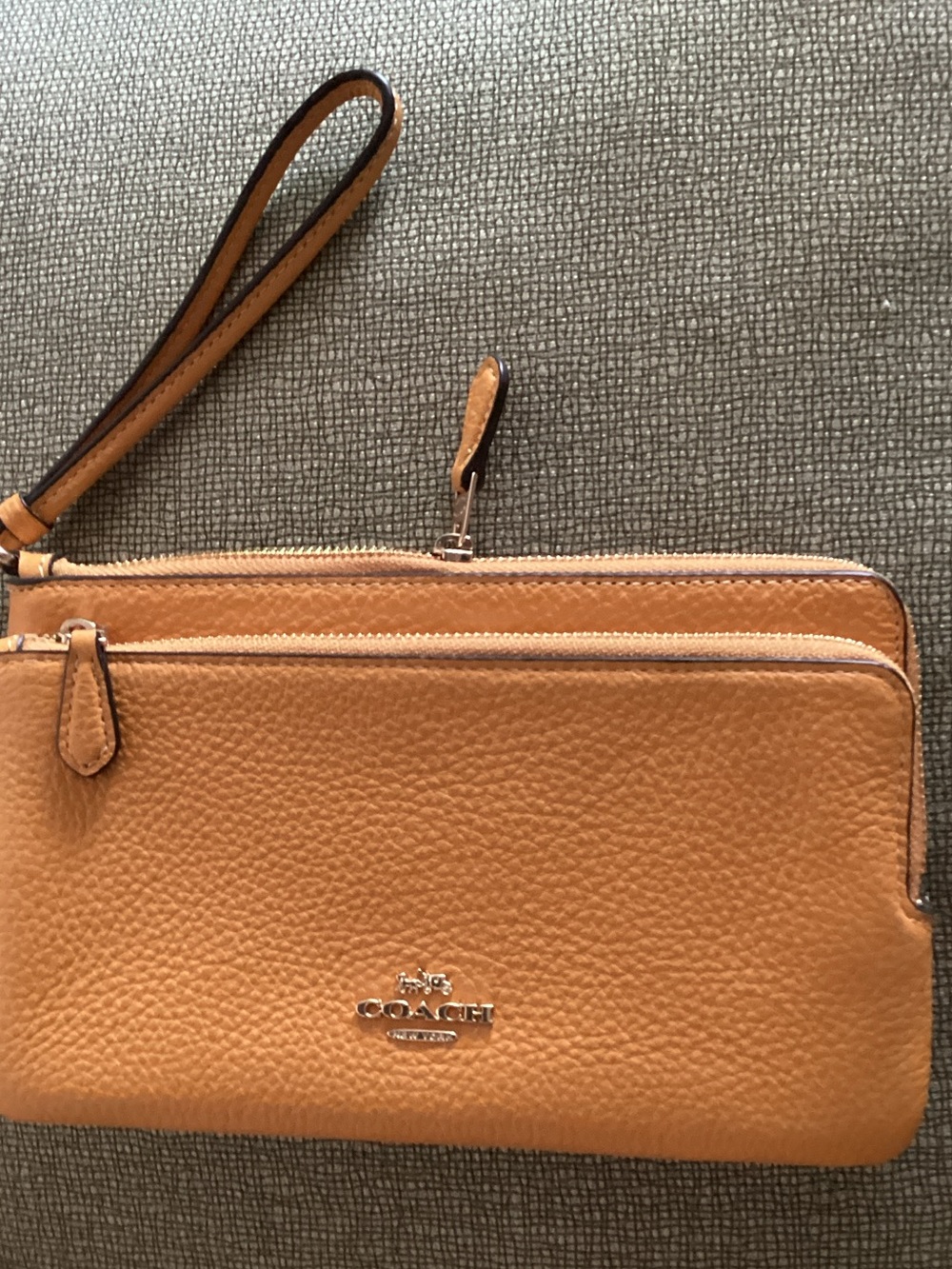 Coach Leather Double-Zip Wristlet in Caramel